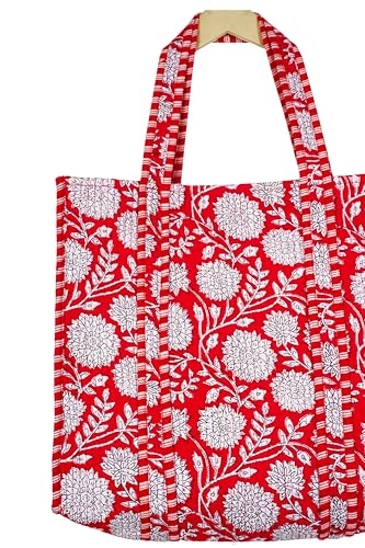 Image of Quilted Cotton Hand printed Reversible Large multicolor cotton Tote Bag,Indian Handmade Block Printed Tote Bag Women Handbag