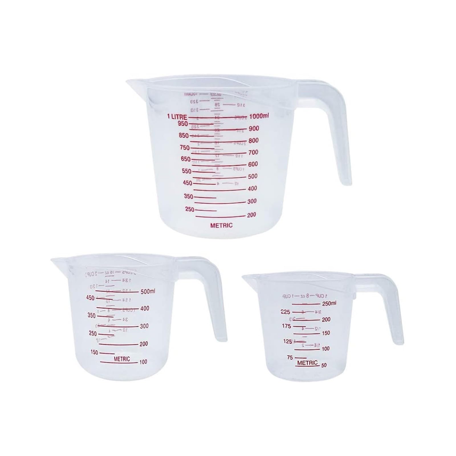 Taza Medidora 3 tazas medidoras de 250 ml, 500 y 1000 con boquilla plástico mango transparente for hornear, herramienta cocina Jarra Medidora Cocina(1000ml)