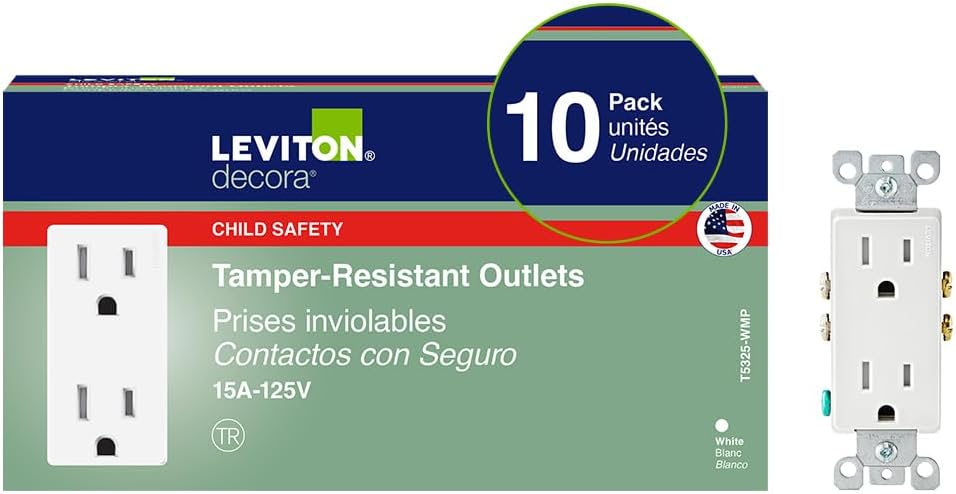 Leviton 15 Amp Decora Tamper-Resistant Duplex Electrical Wall Outlet, 10 Pack, T5325-WMP, White