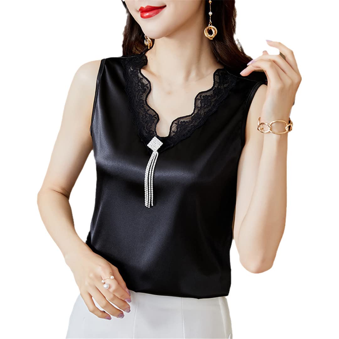 Camiseta sin Mangas de satén para Oficina de Verano para Mujer, sin Mangas, de Encaje, Cuello en V, borlas, Camiseta básica Delgada, Camisola de Color sólido (Negro L)