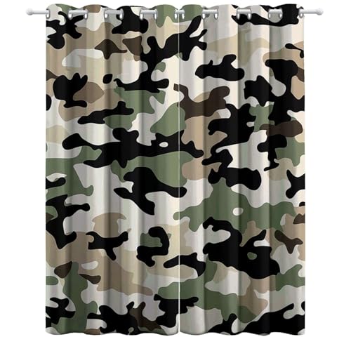 Cortinas Salon Patrón de Tela de Camuflaje 117An x 138Al cm (2 Paneles), Cortinas Térmicas Aislantes Frío Calor y para Dormitorio, Salón y Cocina con Ojales