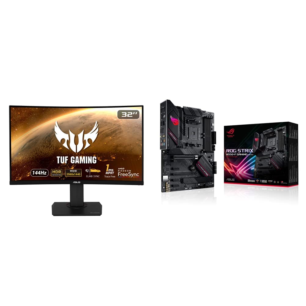 ASUS TUF Gaming 32" 1440P HDR Curved Monitor (VG32VQ) - QHD (2560 x 1440), 144Hz, 1ms & ROG Strix B550-F Gaming (WiFi 6) AMD AM4 Zen 3 Ryzen 5000 & 3rd Gen Ryzen ATX Gaming Motherboard