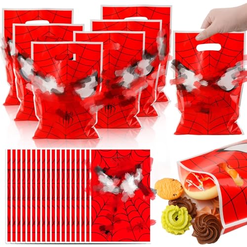 50Pcs Kids Birthday Bags with Handle- Cartoon Spider Goodie Bags for Bag Fillers Boys Girls Spider Gift Bags for Theme Birthday Party Supplies Party Favor Candy Bag