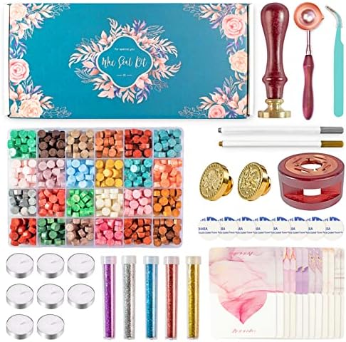 JCmart Wax Seal Kit, 720 Pcs Sealing Wax Beads, 2 Pcs Wax Seal Stamps,Seal Wax Warmer and Spoon,Sealing Wax Kit for Invitation and Decoration