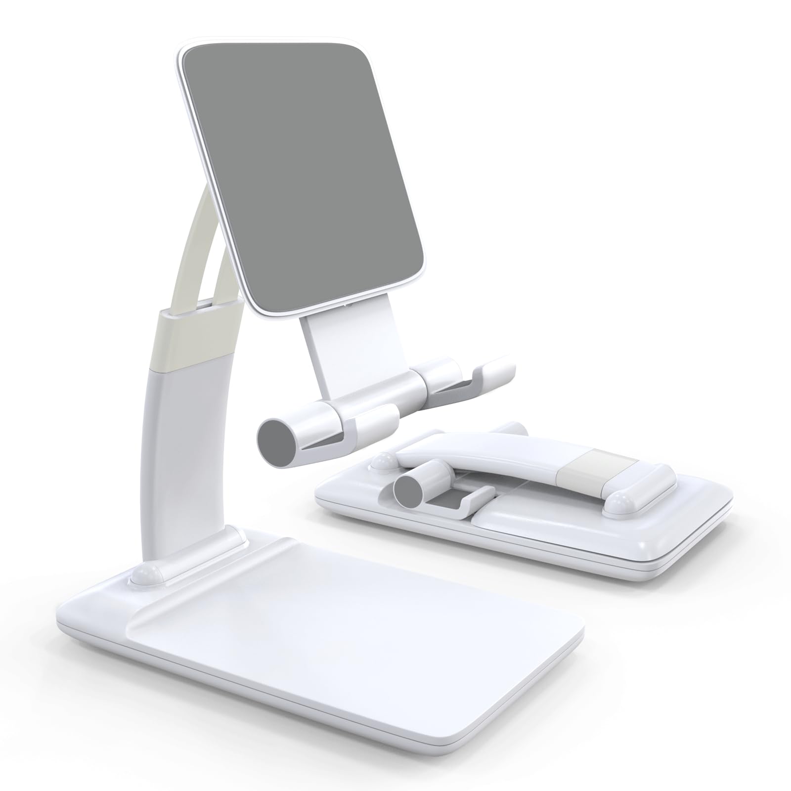 Cell Phone Holder for Desk, Foldable iPhone Stand Adjustable, Portable Hands Free Mobile Phone Stand for Office, Travel, Video Recording, Filming, White