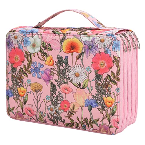 Image of Vomgomfom 200 Slots Pencil Case 4-Layer PU Leather, Handle, Pink Flower