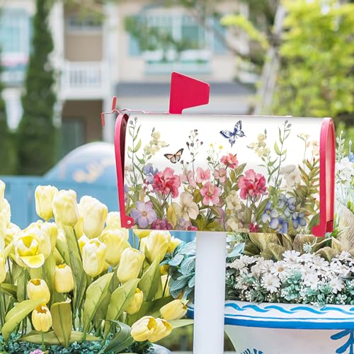 Image of Spring Welcome Mailbox Cover - Magnetic, Colorful Flowers & Butterfly Design - Standard Size 18 x 21 Inch - Summer Floral Holiday Wrap for Home, Outdoor & Garden
