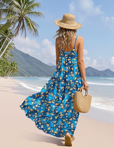 Image of YESNO Summer Bohemian Floral Dresses for Women Spaghetti Straps Maxi Dress Casual Flowy Dresses with Pockets ES0