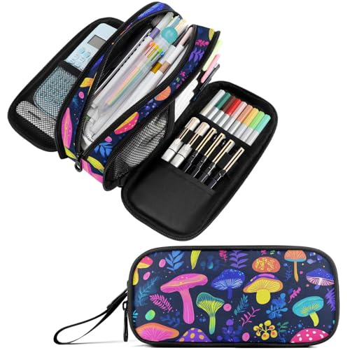 Image of Fustylead Neon Color Magical Fairy Mushrooms Large Pencil Bag Storage Pen Case Makeup Pouch Stationery Bag for School College Office Organizer