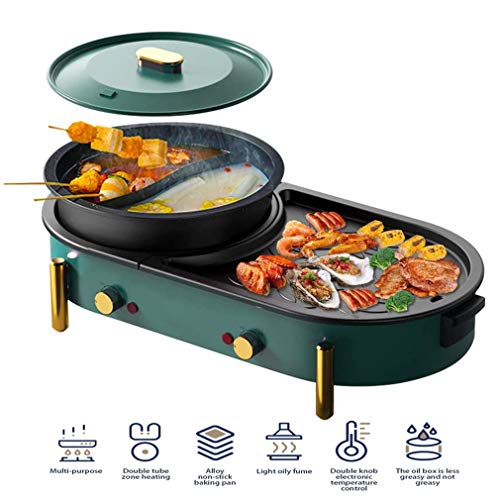 Smokeless Barbecue Grill and Hot Pot, elektrischer Multifunktions Grill Teppanyaki Grill, Getrennt Dual-Temperatur, Non-Stick-große Kapazität,