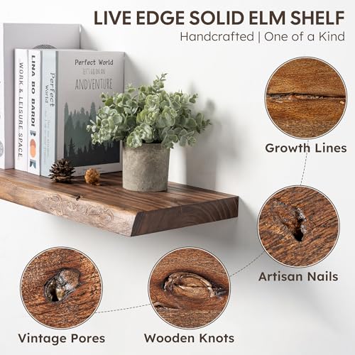 Image of 32 inch Live Edge Floating Shelves Set of 2, Solid Elm Wood, Vintage