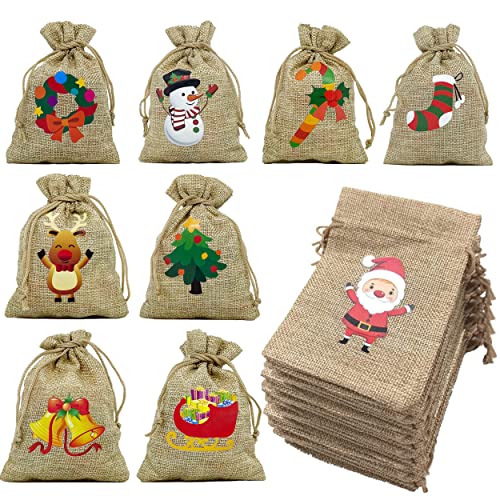 36 Pack Small Christmas Gift Bags, Tiny Christmas Burlap Candy Bag with Drawstring for Xmas Stocking Stuffers, Bulk Xmas Gift Goody Treat Bags for Holiday New Year Party Favors Supplies