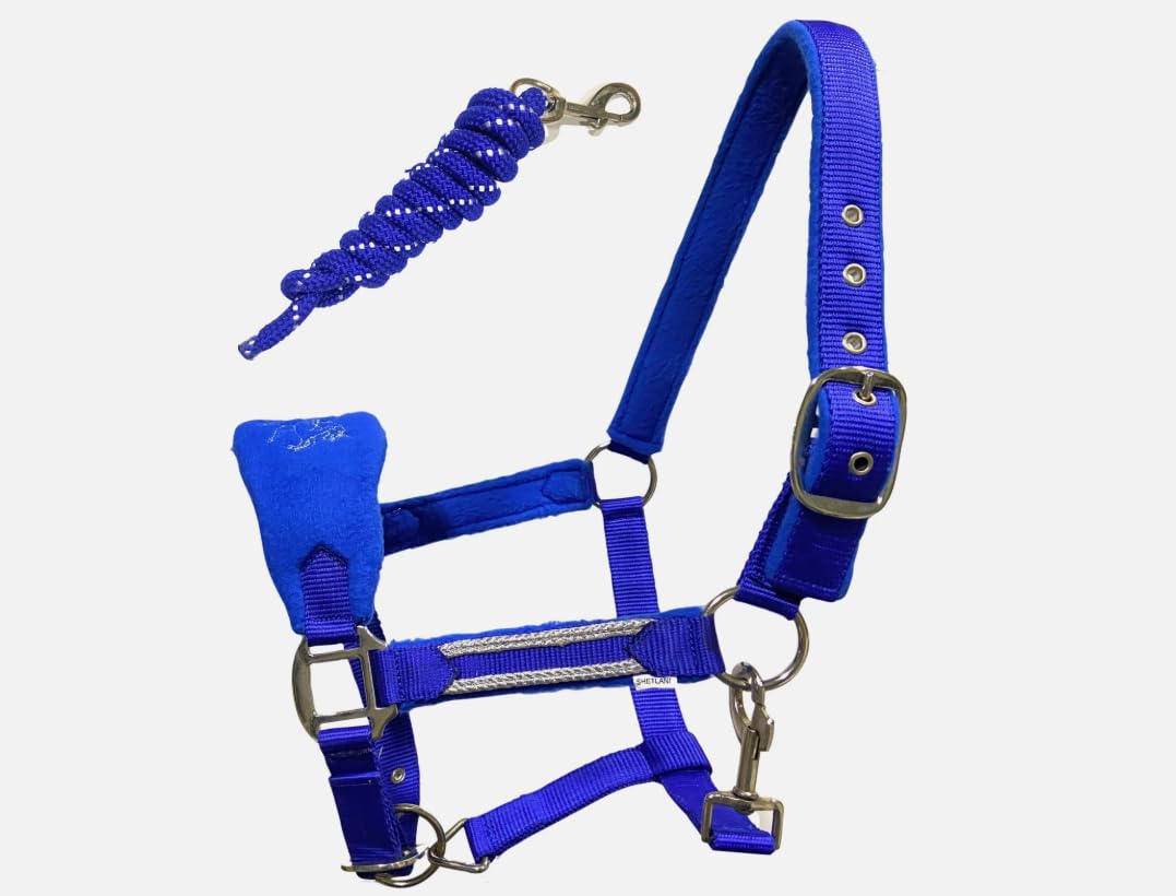 Luxury Fleece Unicorn Headcollar Set with Lead Rope, Blue, Full to Mini Shetland Size, Glitter Cord Detail, Adjustable Noseband and Crown Piece Royal Blue (Full)