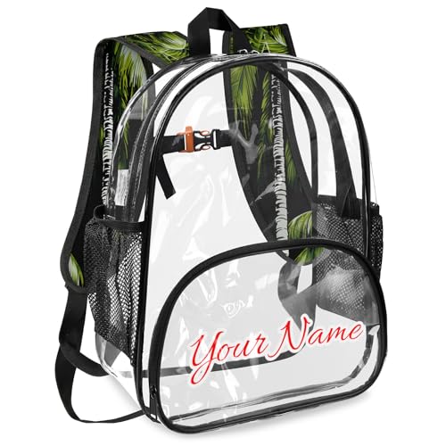 Personalized Small Clear Backpack Stadium Approved Heavy Duty PVC Plastic Custom Transparent Backpacks See Through Bag with Name, Tropical Plants Beach Palm Trees2