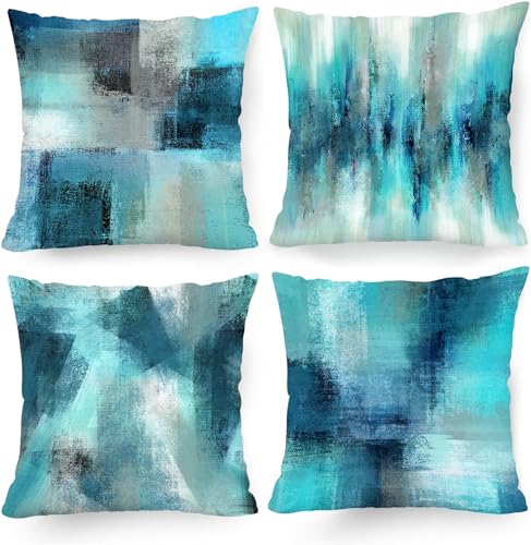 TIAODIAN Cushion Covers 45 x 45 cm Set of 4 Blue Teal Abstract Decorative Throw Pillow Covers 18x18 inches Pillowcases for Living Room Sofa Couch Bed Cushions