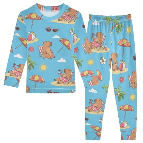 Pajama Sets Long Sleeve Beach Scene with Animals Soft Comfy Sleepwear 2 Piece PJS 3-8T