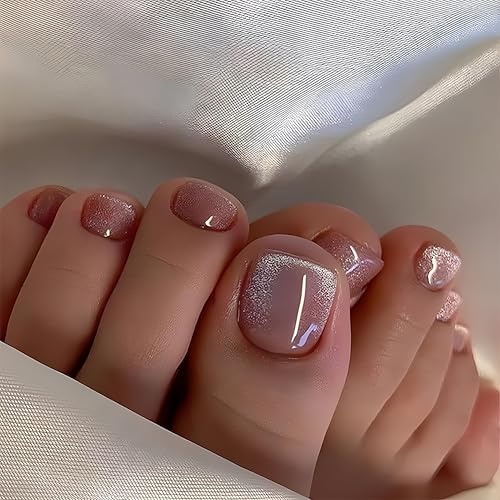 Glitzernde künstliche Zehennägel zum Aufkleben kurze quadratische Zehennägel mit nudefarbenem Glitzerdesign sommerlich glänzend für Frauen und Mädchen Zehennageldekoration 24 Stück
