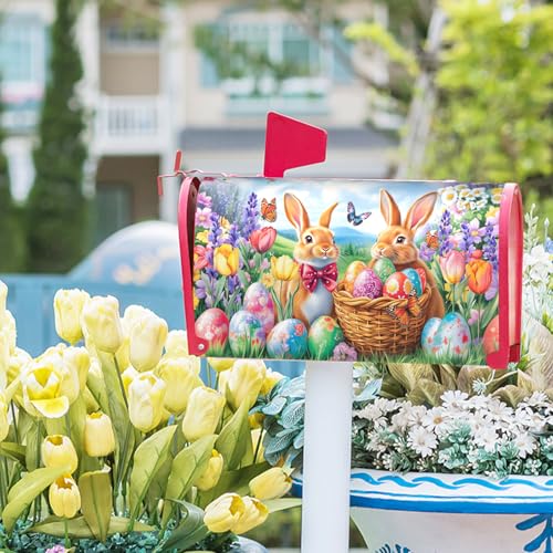 Image of Spring Easter Mailbox Covers Magnetic Standard Size 18 X 21 Inch Bunny Flower Magnetic Mailbox Covers Egg Butterfly Mailbox Wraps Post Box Cover Decoration Outdoor Garden Home Yard Outside