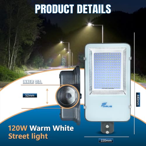 Image of Forus 120W LED Street Light Outdoor with 4-Yr Warranty, High Lumen 120 lm /W Waterproof Warm White Light, Energy Saving Aluminium LED Street Lamp for Road, Parking Lot, Industrial Area Lighting (1 PC)