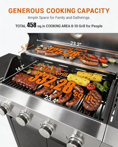 Image of EUHOME 46,500 BTU 4-Burner Propane Gas Grill with Side Burner - Stainless Steel Outdoor BBQ with Enameled Cast Iron Grates & Foldable Side Tables for Patio, Backyard, and Outdoor Cooking