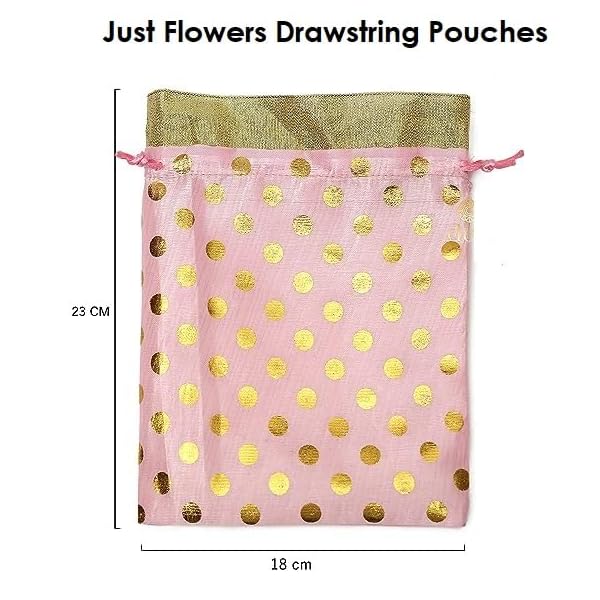 Just Flowers 10Inch X 8Inch Polka Dot Potli Bags,Printed Brocade Drawstring Pouches/cloth bags for return gifts, for Dryfuits, Wedding Gifts, Shagun Packing (Pack of 5, Baby Pink Golden Dot) - Image 4