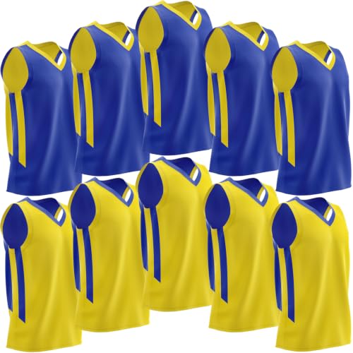 10-Pack Men's Reversible Custom Basketball Jerseys, Mesh Athletic Sleeveless Shirts Blank Team Scrimmage Pinnies Uniforms Set (Blue/Yellow)