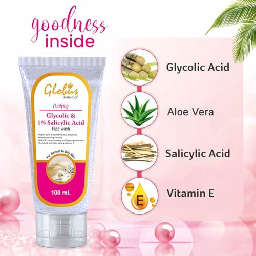 Image of Globus Remedies Glycolic & 1% Salicylic Acid Face wash For Acne Control - 100 ml