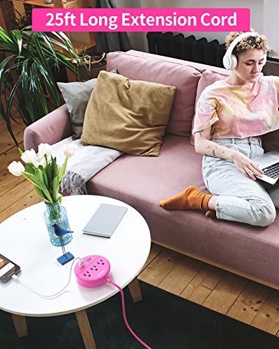 Pink Extension Cord 25ft, NTONPOWER Flat Plug Power Strip with Long Extension Cord, 3 Outlet 2 USB Compact Desktop Charging Station Wall Mount for TV Living Room, Dorm, Office and Nightstand — view 2