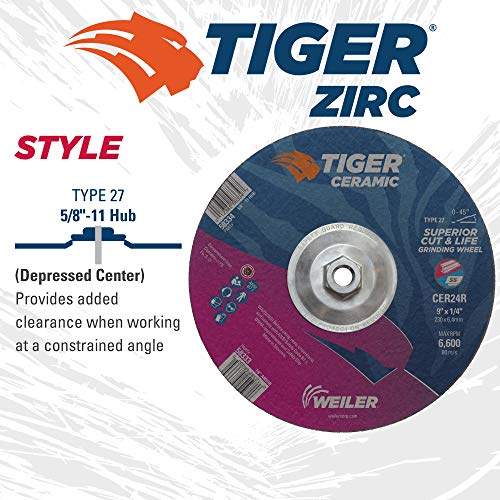 Image of Weiler 58334 9 x 1 /4 Tiger Ceramic Type 27 Grinding Wheel CER24R 5 /8-11 Nut (Pack of 10)
