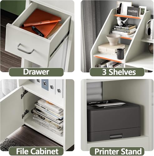 Image of Lakdi The Furniture Home & Office Workstation - Modern Computer Desk with Integrated 4-Tier Bookshelf, Monitor Stand Hutch, CPU Storage, and Utility Drawer - Sleek White Finish - 121534336