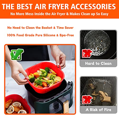 2Pcs Air Fryer Silicone Liners, 8Inch Reusable Food Grade Silicone Air Fryer Baking Tray Basket Accessories Replacement Of Flammable Disposable Parchment Paper Fit 4-7Qt Airfryer（Red +Grey） #TOP3