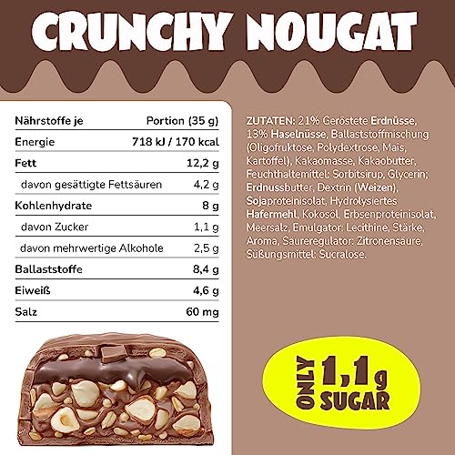 AHEAD Veganer Schokoriegel – Crunchy Nougat – 16 x 35g – Keto Riegel mit zuckerfreier Schokolade – nur 5g Net Carbs pro Low Carb Süßigkeit