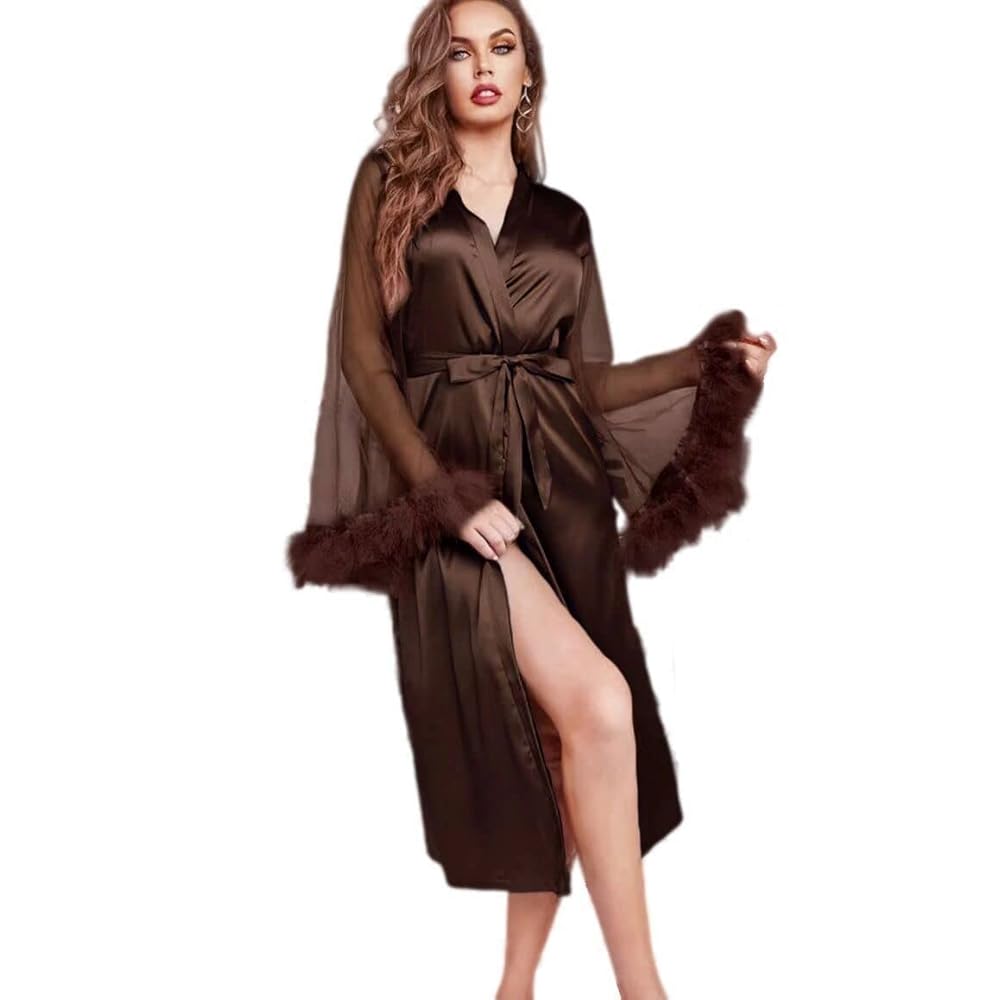 MAYILNSIN Vestaglia da donna in seta con finiture in pelliccia, kimono, vestaglia  con orlo in piuma, polsini in raso, indumenti da notte da damigella d'onore  camicia da notte, Marrone, Taglia unica :