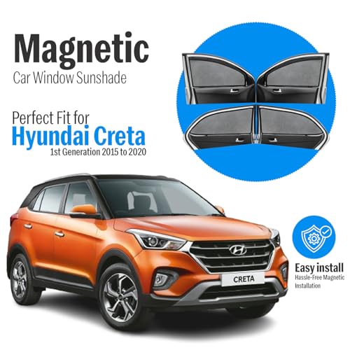 Image of Autofact Magnetic Car Sunshades Compatible with Hyundai Creta Old (2015 to 2020) (Set of 4) - Easy Installation, UV Protection, Keeps Car Cool (Front 2 with Zippers, Rear 2 Without Zippers)