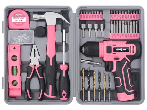 Hi-Spec 8V Cordless Drill Set & Tool Kit for Women – Ladies Complete Rechargeable Electric Power Drill Driver with Starter Tools, Compact Hand Toolbox, Pink, Ideal for Home Projects