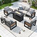 Aoxun Aluminum Patio Furniture Set with Fire Pit Table, 7 Seats Luxury Outdoor Sectional with 6" Olefin Fabric Cushions, Patio Conversation Sets with Waterproof Cover for Backyard, Porch Light Grey