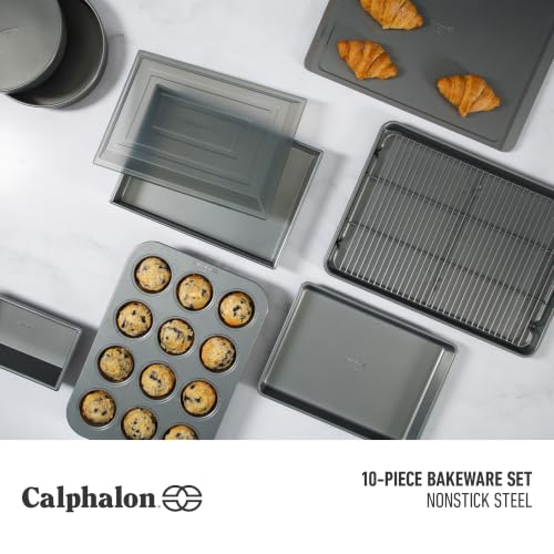 Image of Calphalon Titan 10-Piece Nonstick Bakeware Set, Baking Sheet Set, Steel Core PFA-Free Nonstick Coating, Oven Safe, Includes Sheet Pans, Muffin Pan, Round Cake Pans, Loaf Pan and Cooling Rack - Silver