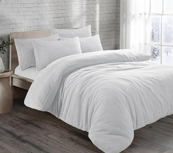 KARKARM New Teddy Bear Sherpa Fleece King Size Duvet Cover Set – Teddy Fleece Duvet Cover Kingsize with 2 Pillow Cases – Plain Reversible Winter Warm Bedding Quilt Covers Sets, White