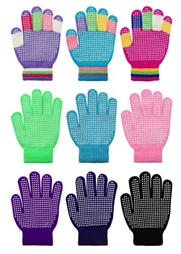 Whaline 9 Pairs Kids Anti-Skid Magic Gloves Winter Knitted Gloves Full Finger Grip Anti-Slip Children Gloves for Boys Girls