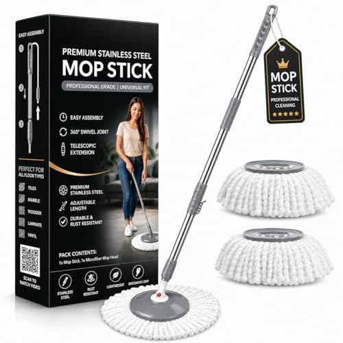 Image of Ultra Premium 360 Spin Mop Stick Rod with Stainless Steel Handle | Adjustable & Extendable Heavy Duty Mop Handle | Floor Cleaning Refill Rod Compatible with Spin Mop (Grey) (2 Refill)
