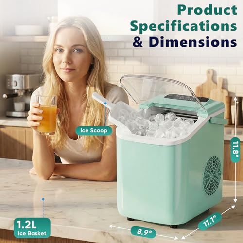 Image of Sweetcrispy Countertop Ice Maker with Scoop, Basket and Handle, Portable Ice Machine 9 Cubes Ready in 6 Mins, 26.5lbs in 24Hrs, 2 Sizes for Home Kitchen Office Bar Party