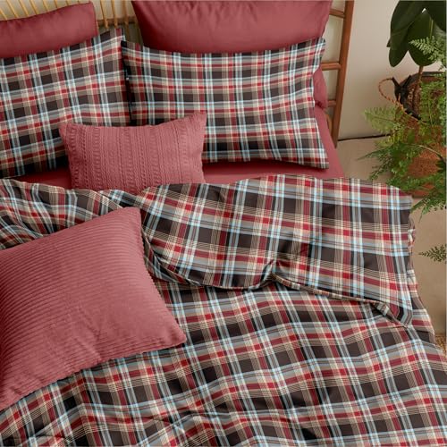 Image of Nayoroom Plaid Duvet Cover Queen Size Vintage Red Brown Gingham Checkered Tartan Duvet Cover Dorm Bedding Set 3 Pieces Soft Lightweight Microfiber Farmhouse Bedding Set Gifts for Women Men
