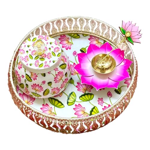 German Silver Decorative Plate with Jar, Diya & Lotus Diya Stick, Pooja Thali Set, Home Decor, Spiritual Gift Item Puja Essentials for Home Mandir L-8' H-4'