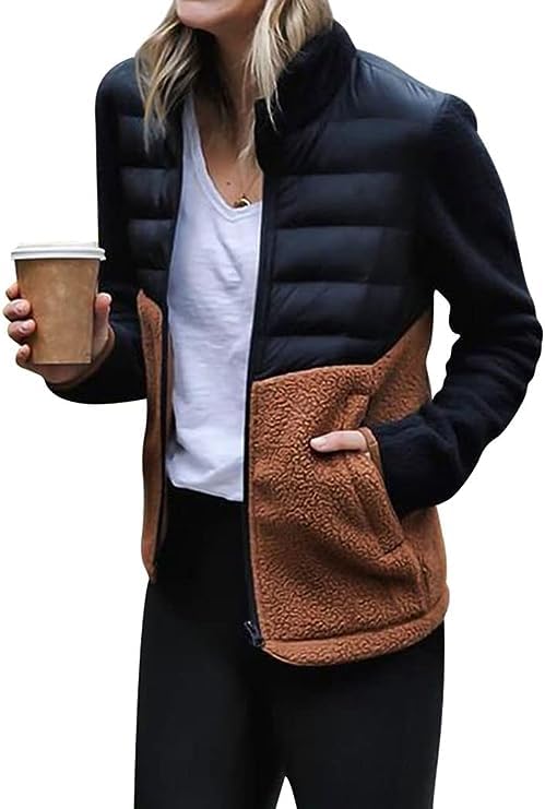 Womens Long-Sleeve Zipper Front Patchwork Down Jacket Slim Fit Contrast Color Coat Fall Winter Sherpa Fleece Jacket2