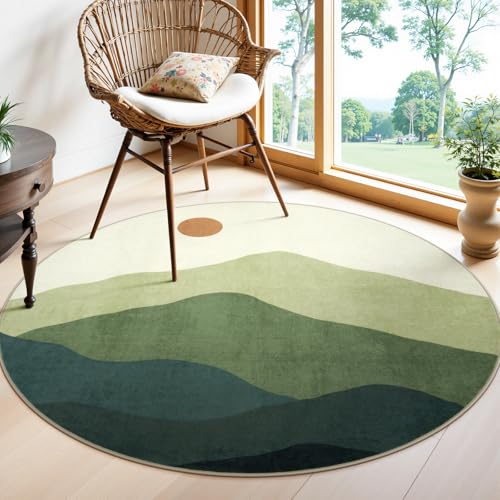 Image of Sungea 4ft Abstract Round Rug,Soft Washable Non-Slip Mountain Circle Classroom Rug,Chic Stain Resistant Low-Pile Throw Rugs for Entryway/Bedroom/Nursery/Living Room(Green)