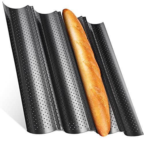 Feelino Backformen, Baguette Backform aus Carbonstahl, Spülmaschinenfestes 4er Baguette-Backblech, Baguetteblech mit 4 Mulden, Brötchen Backform Gelocht, Brot Backen Zubehör, Antihaft Metall-Backform