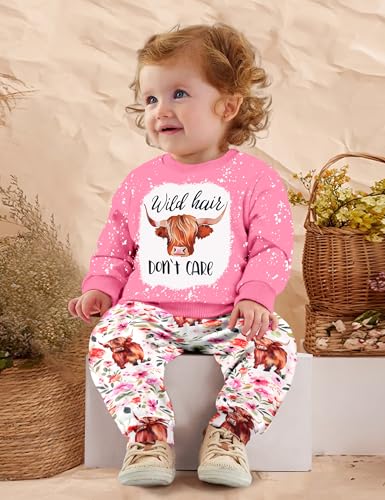 Image of Toddler Girl Clothes Fall Winter Outfits Wild Hair Don't Care Highland Cow Sweatshirt Pants Western Cowgirl Outfit