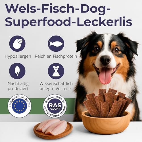 ECO WOOF Fisch Hundesnack Mix - Kaustreifen vom Wels Probierpaket - 375 g - 3 Sorten - Wels Pur | Kürbiskern | Bierhefe - Getreidefreie Fisch-Hundeleckerli - Unterstützt Zahnpflege & Verdauung