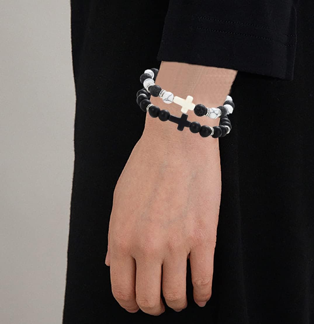 12Pcs Fashion Religion Cross Men Women 8mm Natural Stone Lava Tiger Eye Stretch Anxiety Bracelets Unisex 7.5" - Image 3