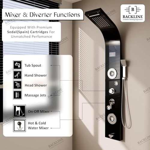 Image of Backline Stainless Steel 304 Grade Shower Panel For Bathroom 6 in 1 Shower With LED Rainfall Shower Panel | Body Massage | Overhead Shower | Body Jet | Hand Shower (Black Mirror Finish)